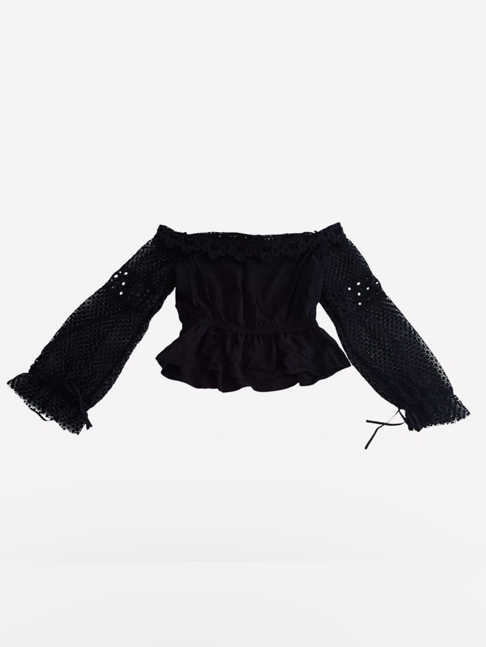 self-portrait Women’s 4 Black Solid Lace Off-Shoulder LS Peplum Blouse SP8-009 - Picture 3 of 8